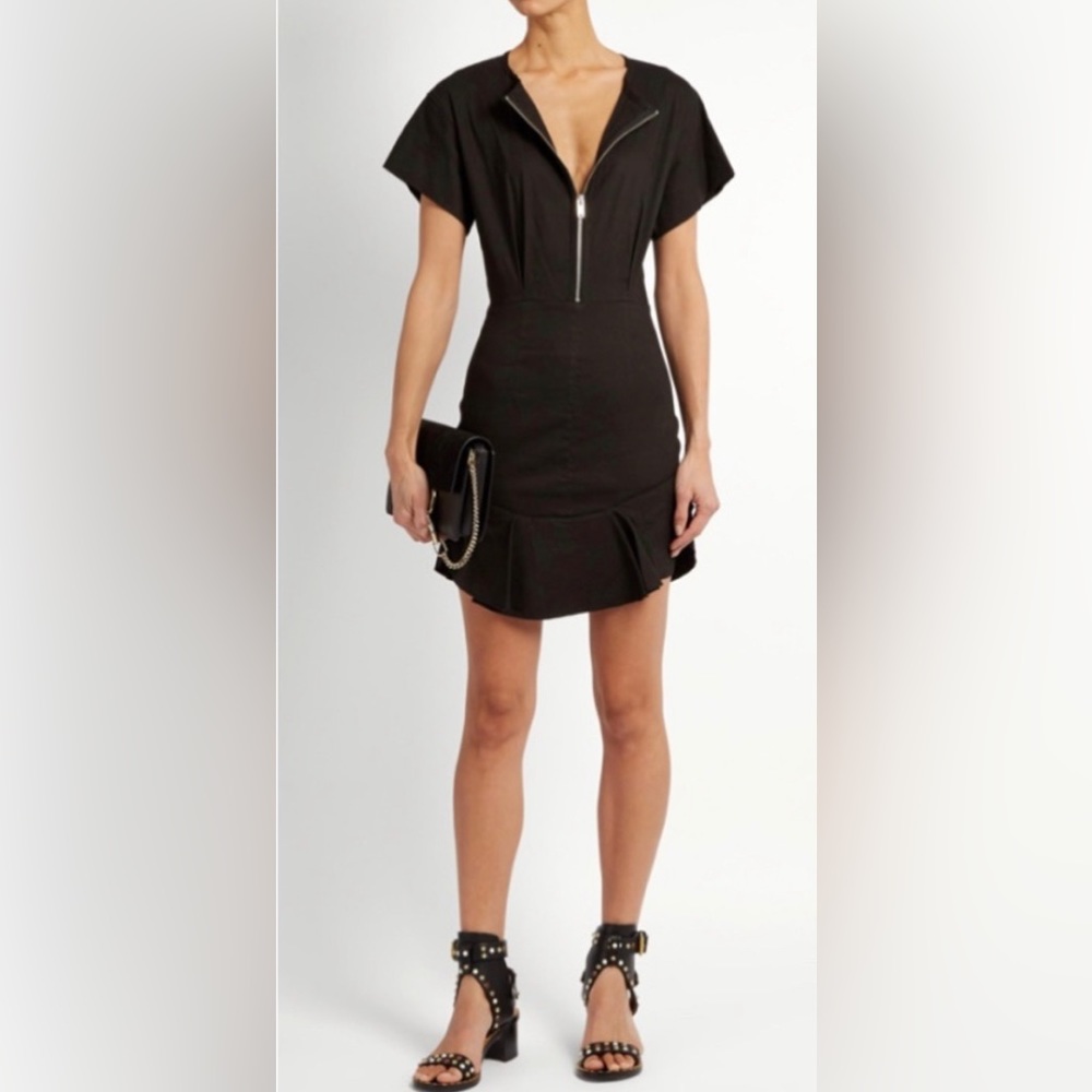 Isabel Marant Etoile Black Neit Zip Front Ruffle Hem Mini Dress 34 XS